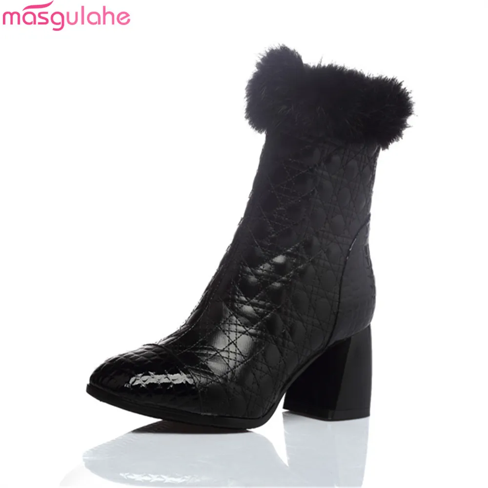 Masgulahe 2018 Women Boots Black White Genuine Leather Boots Square Toe 