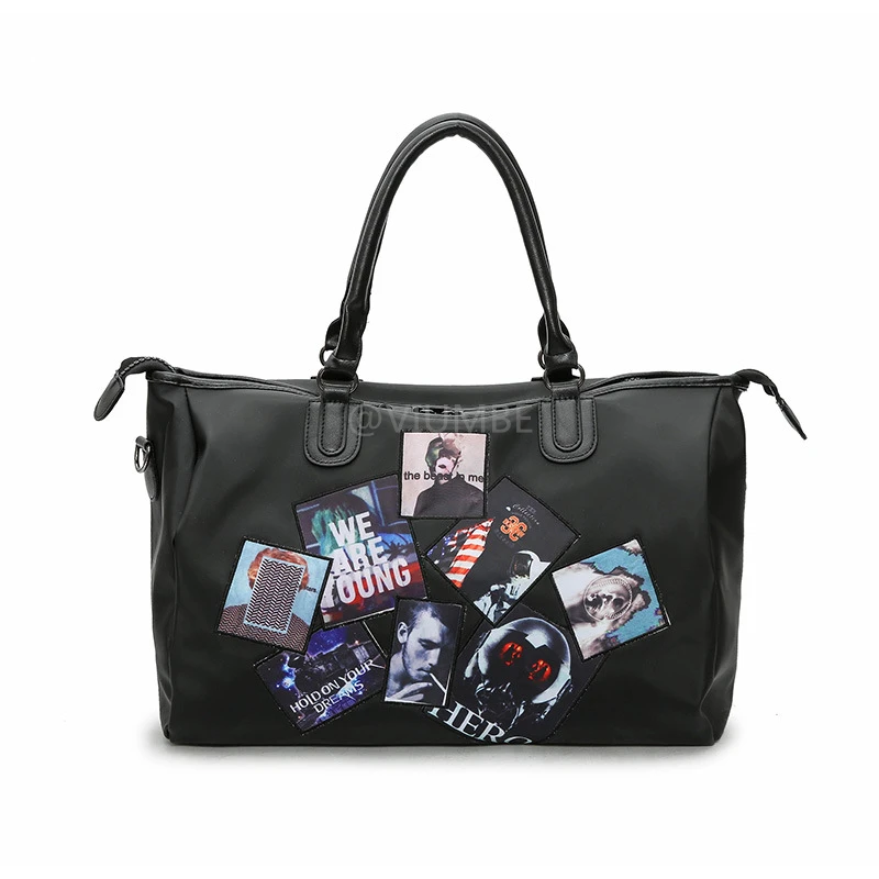 

new waterproof nylon weekend travel bag cartoon stickers printing badge boarding fitness yoga tote bag men and women luggage bag