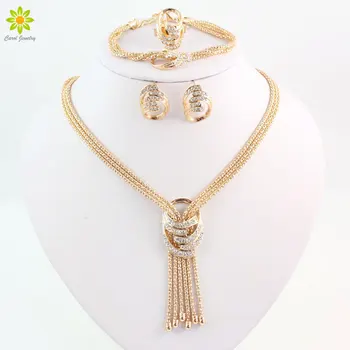 

Latest Fashion African Beads Jewelry Sets Wedding Costume Women Party Gold Color Crystal Necklace Bangle Earring Ring