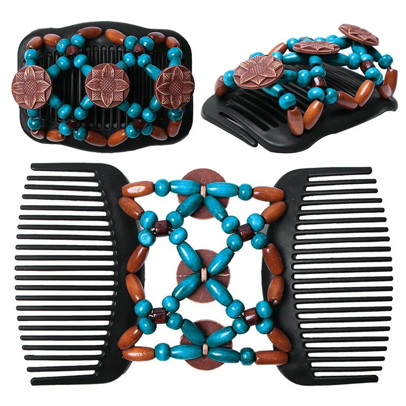 Retro Double Beaded Hair Magic Comb Clip Beads Elasticity Hairpin