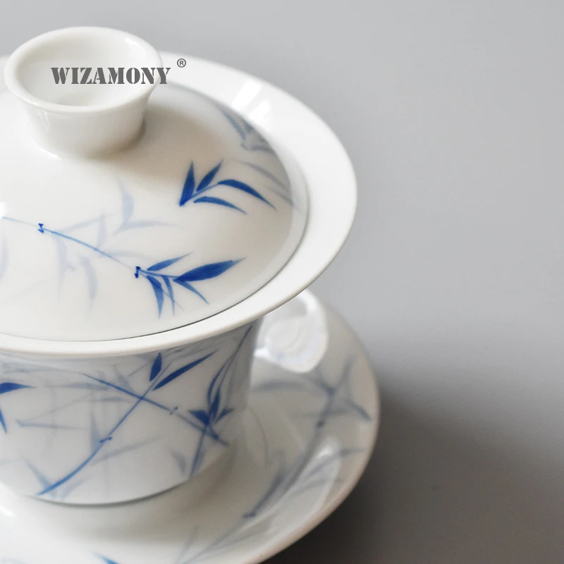 1 шт WIZAMONY голубой и белый бамбуковый Gaiwan Китайский древний чайный набор из глазури Цзиндэчжэнь чайная чашка для разнообразного чайного фарфора