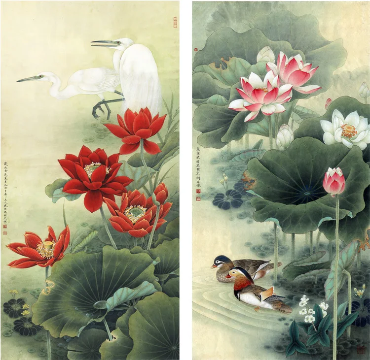 

pastoral traditional Chinese style canvas painting in elaborate style lotus flowers lovebirds birds mural prints