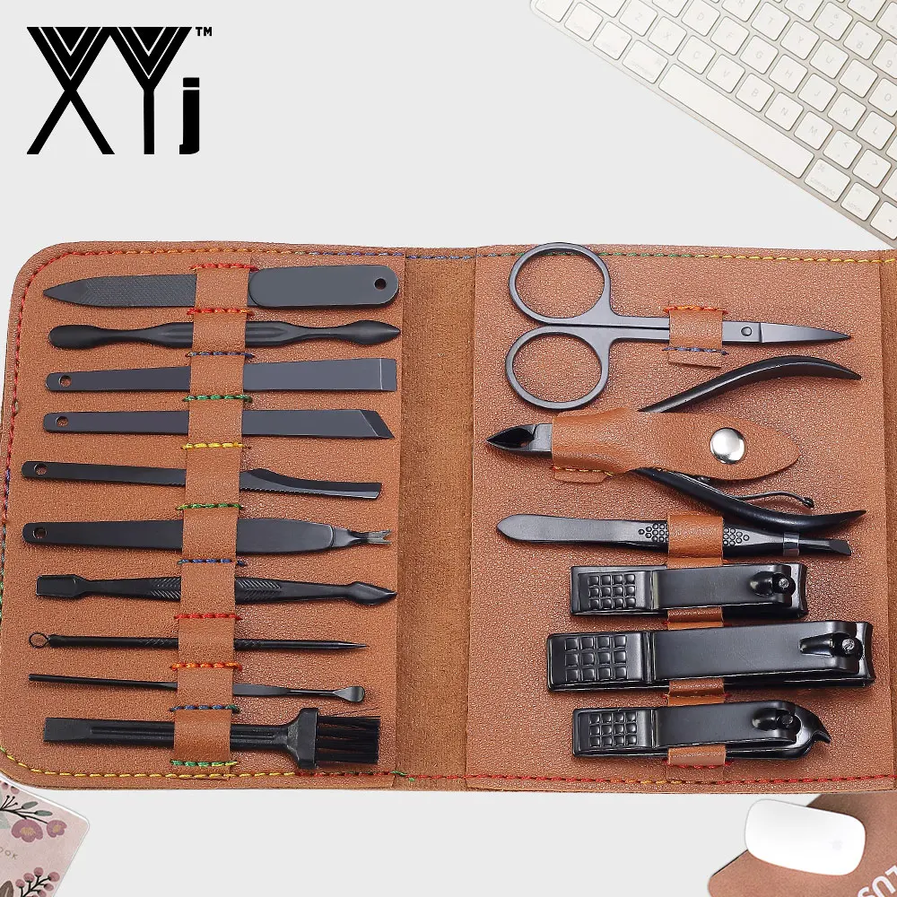 Kaufen XYj Schwarz Maniküre Set Nagel Clippers Set 16 teile satz Nail art Werkzeuge Edelstahl Nagel Clipper Kit Kunst Schönheit Werkzeug set mit Fall