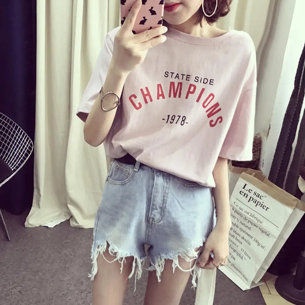 

New Fashion Summer Lady Loose Casual Harajuku Tshirt Tops Champions Letter Print Short Sleeve Tee Top T-shirt For Women Clothing