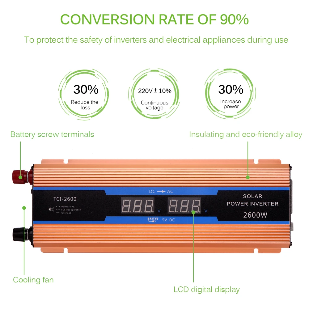Onever автомобильный инвертор 2600 Вт DC 12 В в AC 220 В инвертор питания зарядное устройство конвертер прочный и прочный Автомобильный источник питания переключатель