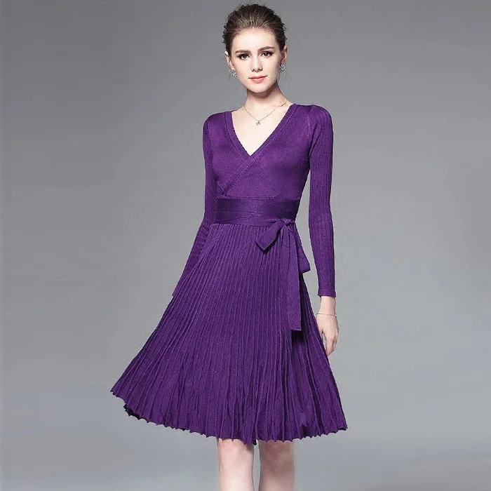 Женское офисное платье, весеннее и осеннее платье, сексуальное платье с длинным рукавом и v-образным вырезом, Элегантные вязаные платья - Цвет: Deep Purple