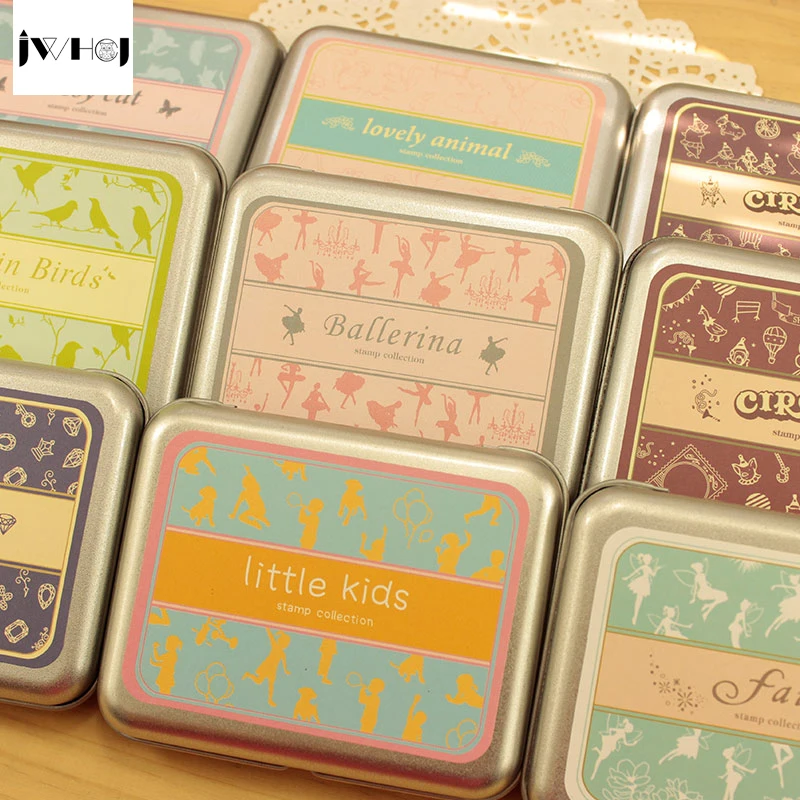 

1 set Romantic tin box DIY combination stamp gift Crafts Handmade decal scrapbooking students Stamps Arts Photo Album