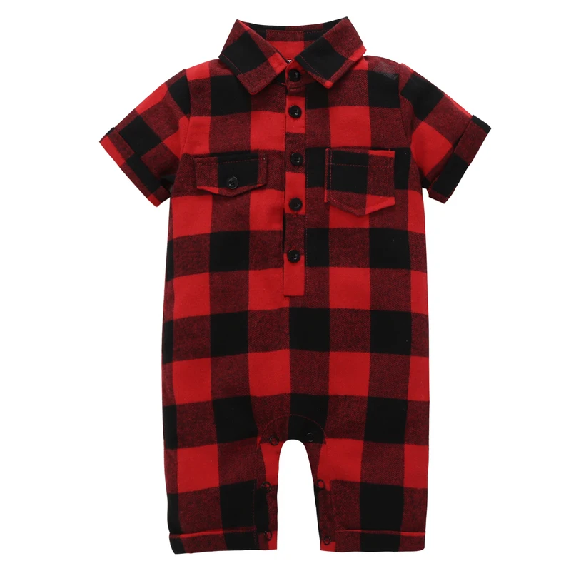 gentleman style newborn 2018 baby boy short sleeves one piece red and black plaid romper summer baby clothes