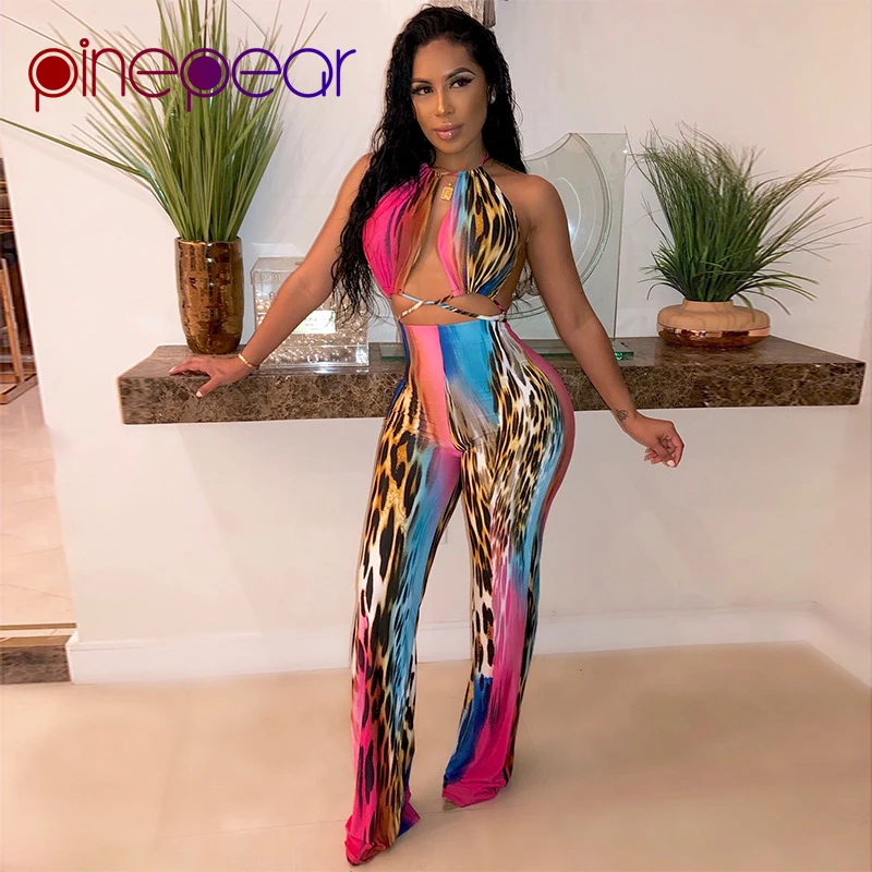 

PinePear Pink Leopard Wide Leg Pants Jumpsuit 2 Piece Set Women Bandage Sleeveless Backless Halter Romper 2019 Dropshipping