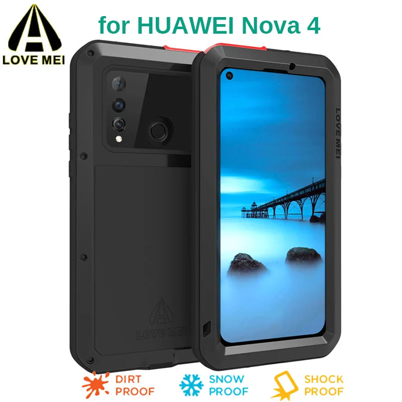 LOVE MEI Роскошный Алюминиевый металлический чехол для huawei Nova 4, чехол для телефона, ударопрочный, водонепроницаемый, мощный, с пленкой из закаленного стекла