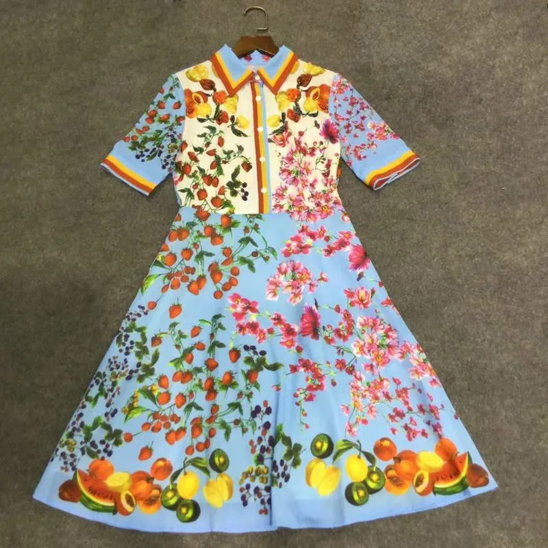 strawbeeries print blue dress fruits print dresses summer runway dress high quality 2018 20180608