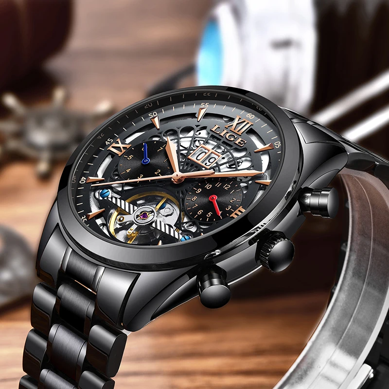 Mechanical Watch LIGE Top Brand Luxury Automatic Watch Male Leather Waterproof Sport Watch Men Business Wristwatch Montre Homme