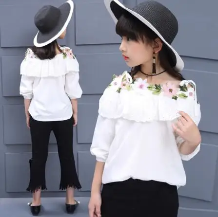 

Kids Girls Blouse 2018 Spring Children Slash Neck Flower Top Shirts 6 8 9 10 11 12 Years Girls White Princess Blouses