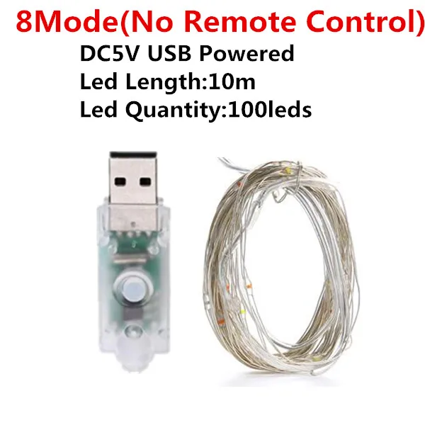USB 8 Modes 10M 100 LED String Light Christmas Waterproof Copper Wire LED String Fairy Light Battery Powered Remote Control - Испускаемый цвет: 8Mode10m(No control)