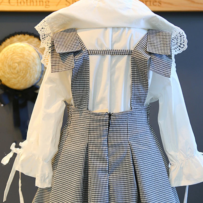 Комплекты одежды для девочек Осенняя Стильная белая школьная кружевная блузка+ платье в клетку на подтяжках комплекты одежды для малышей из 2 предметов для детей от 2 до 6 лет