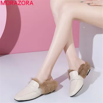 

MORAZORA 2020 high quality genuine leather shoes women slipper solid colors fur warm winter slipper low heels party shoes woman