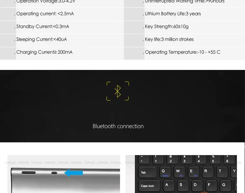 B.O.W Bluetooth клавиатура, нержавеющая сталь Универсальная Портативная Беспроводная клавиатура для смартфонов и планшетов, с перезаряжаемой батареей