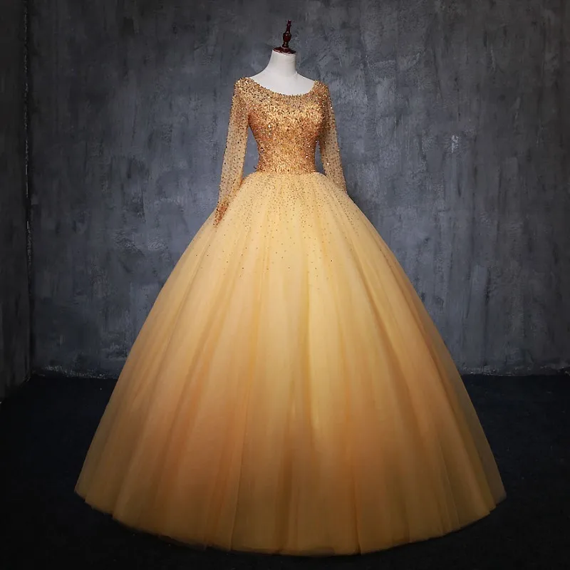Vestidos de айва anos сладкий 16 бальное платье с длинным рукавом вышито бисером с блестками Бальные платья Quinceanera платья платье для выпускного вечера для девочек - Цвет: Золотой