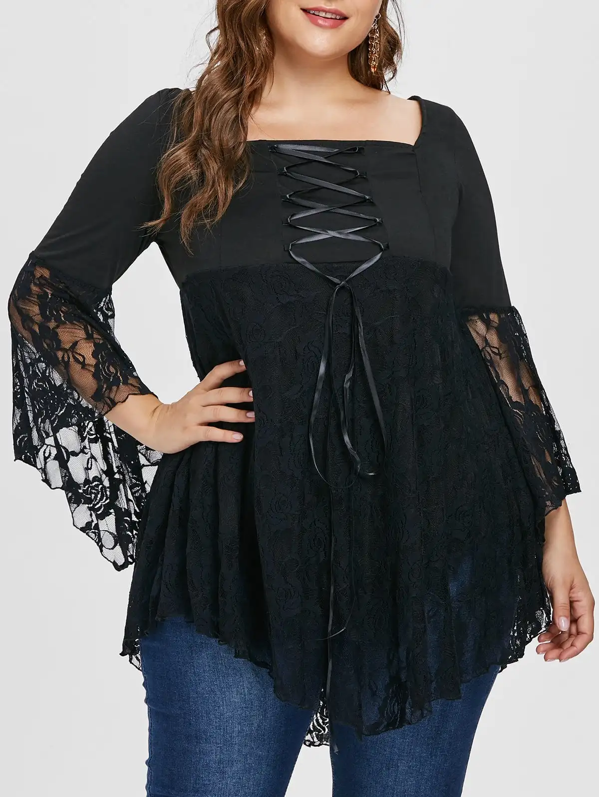 

Wipalo 2019 Gothic T Shirts Women Plus Size Square Collar Flare Sleeve Lace Hem Ladies Tops Black Woman Clothes