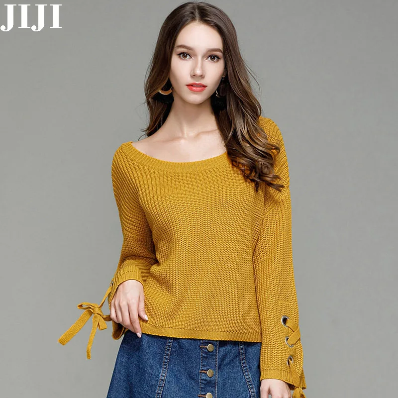 JIJI 2017Spring&ampWinter Womens Pullover Loose Lace Up Long Sleeve O-neck Sweater | Женская одежда