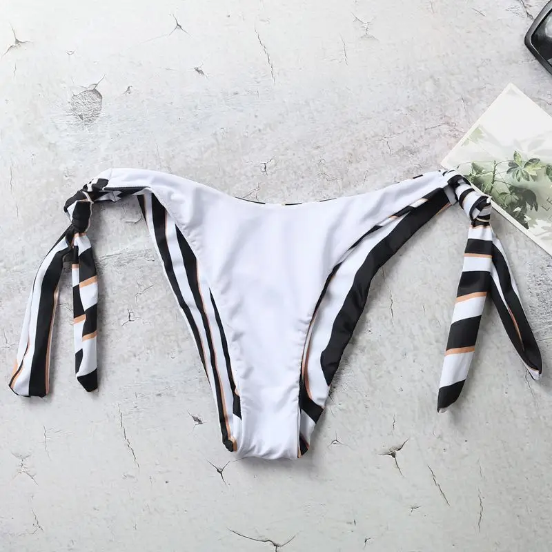 

Women Sexy Two Piece Bikini Set Halter Deep V-Neck Bra Low Waist Bowknot Tie Side Thong Contrast Color Zebra-Stripes Printed Met