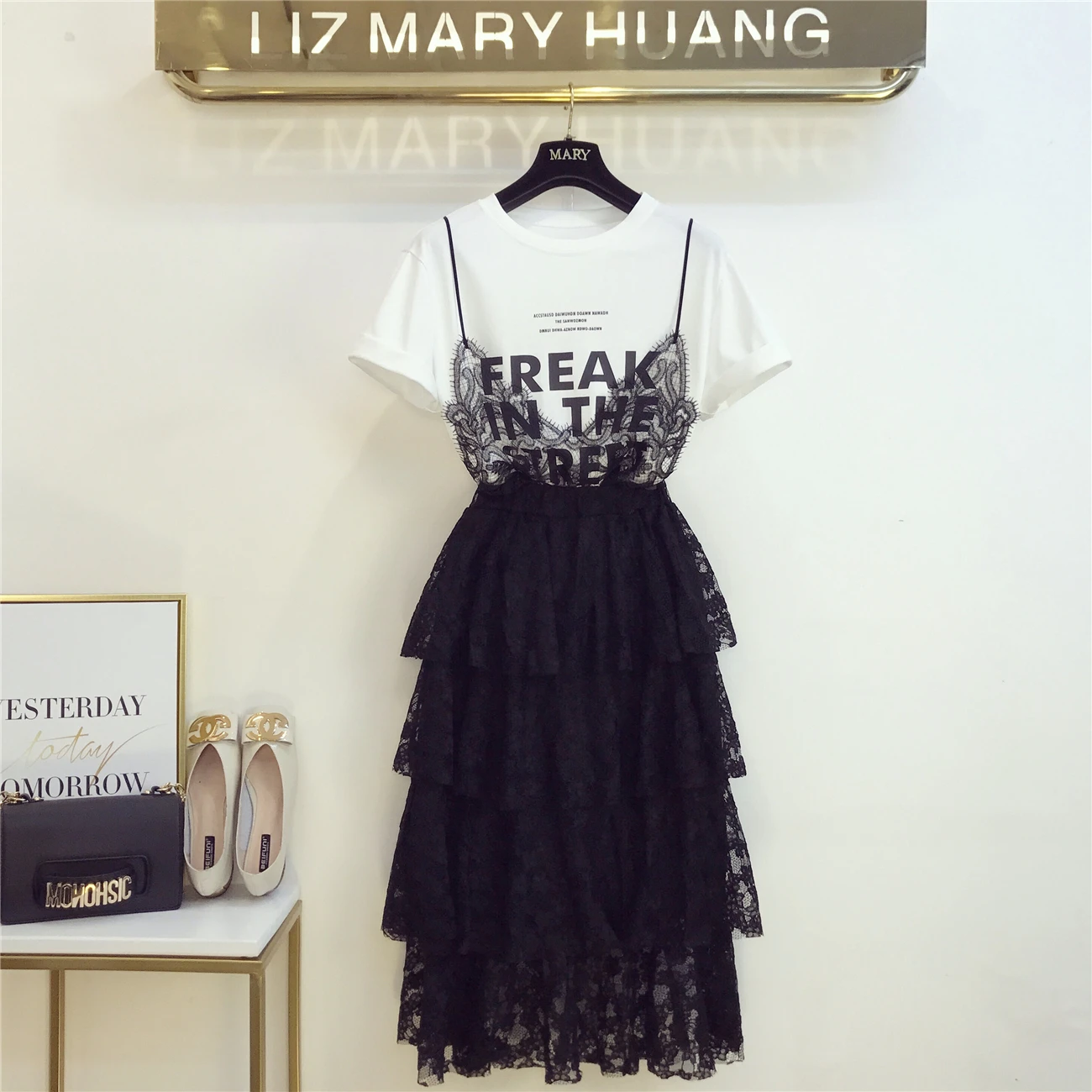 

Summer Dresses Woman 2019 New French Girl Temperament Fake Two Printed T-shirts + Layered Cake Skirt Two Piece Suits Women