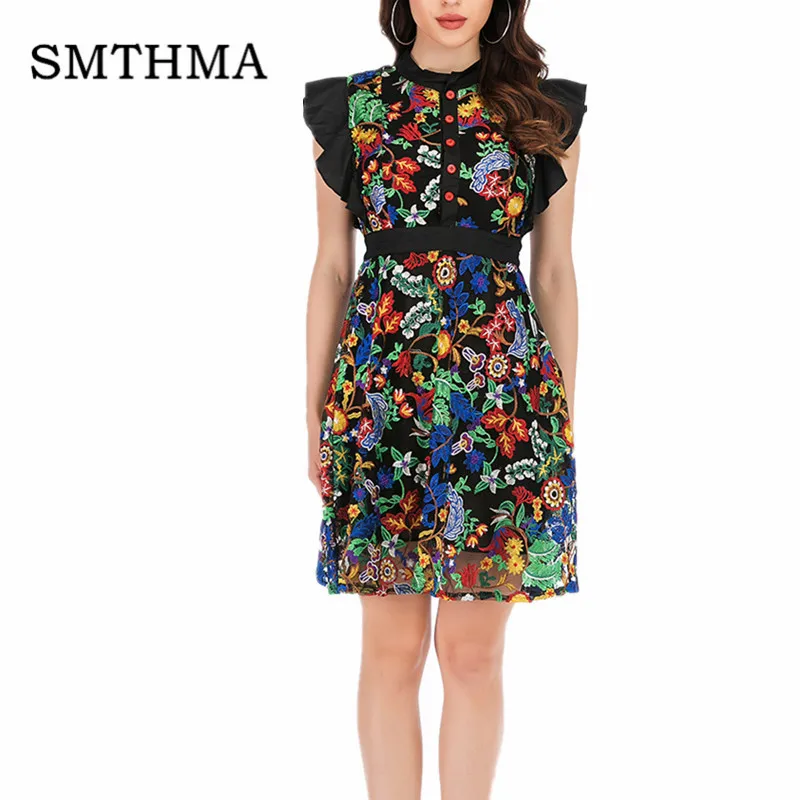 Smthma/Новинка, модное летнее платье для подиума, женское платье с рукавом-бабочкой и цветочной вышивкой, элегантное Сетчатое платье-миди с ассиметричным низом