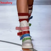 Весна новая радуга красочные кожа цепи украшения плоские ботинки для женщин стороны молнии motoryclcle ботильоны пинетки