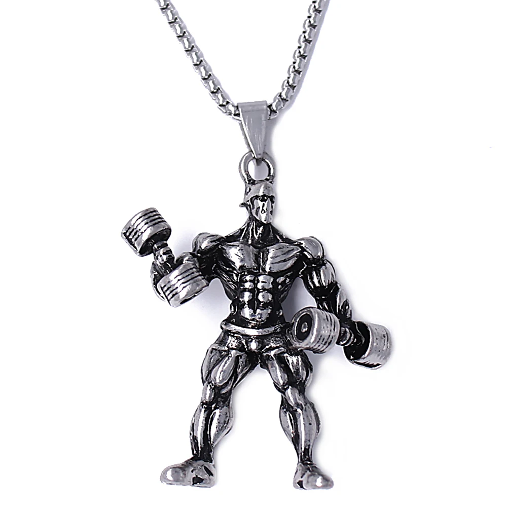 Strong Body Builder Metal Pendant Necklace Gym Fitness Men's Weight Lifting Dumbbells Muscle