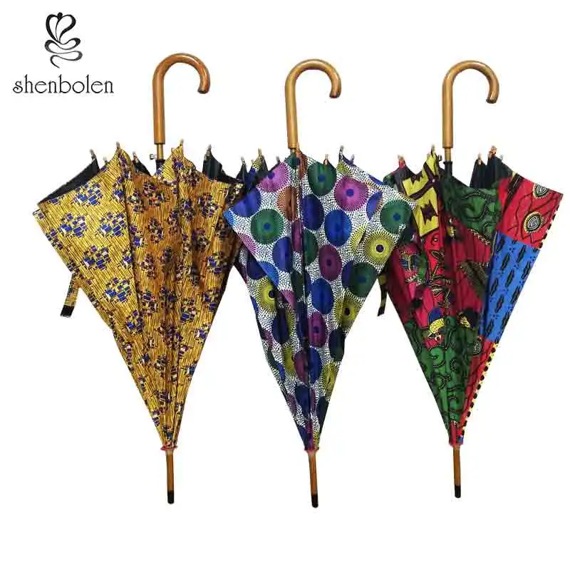 

Shenbolen African Printing UV Nmbrella Waterproof And Windproof Double Wood Curved Handle Nmbrella Female High Quality