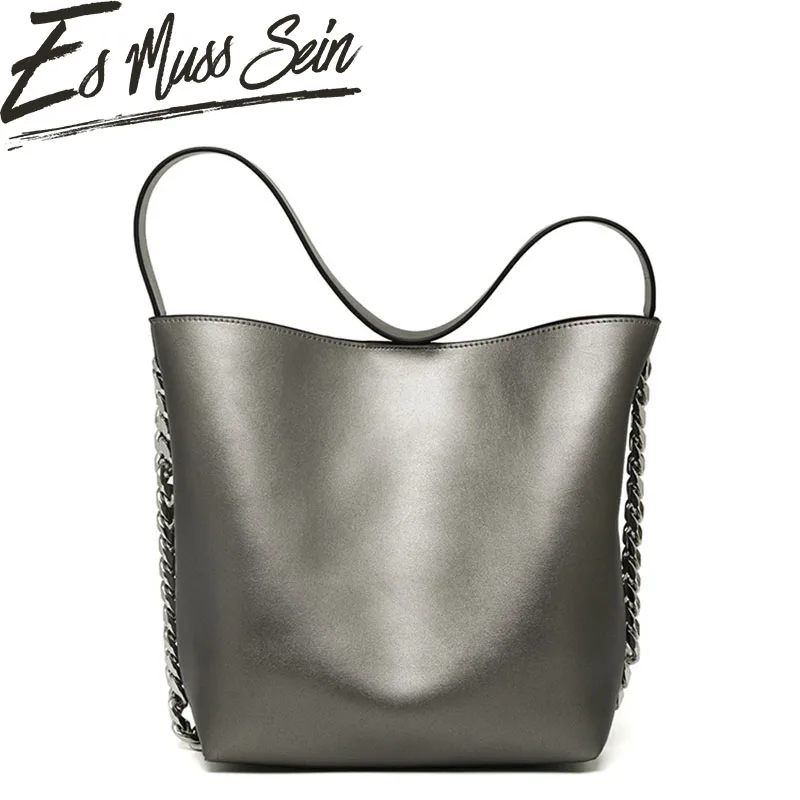 EsMussSein Luxury Real Leather Women Glossy Lady Shoulder Bag Solid