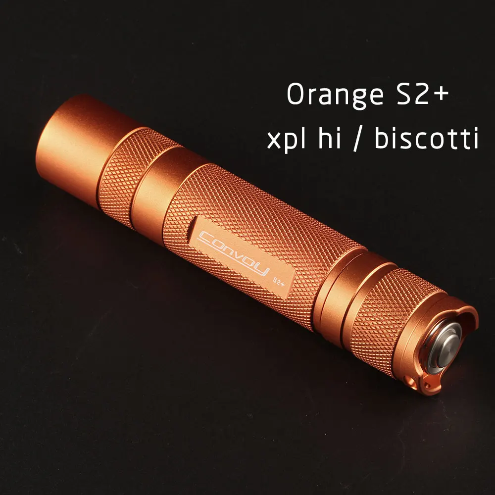 orange S2+ flashlight, with XPL HI led inside and ar coated glass