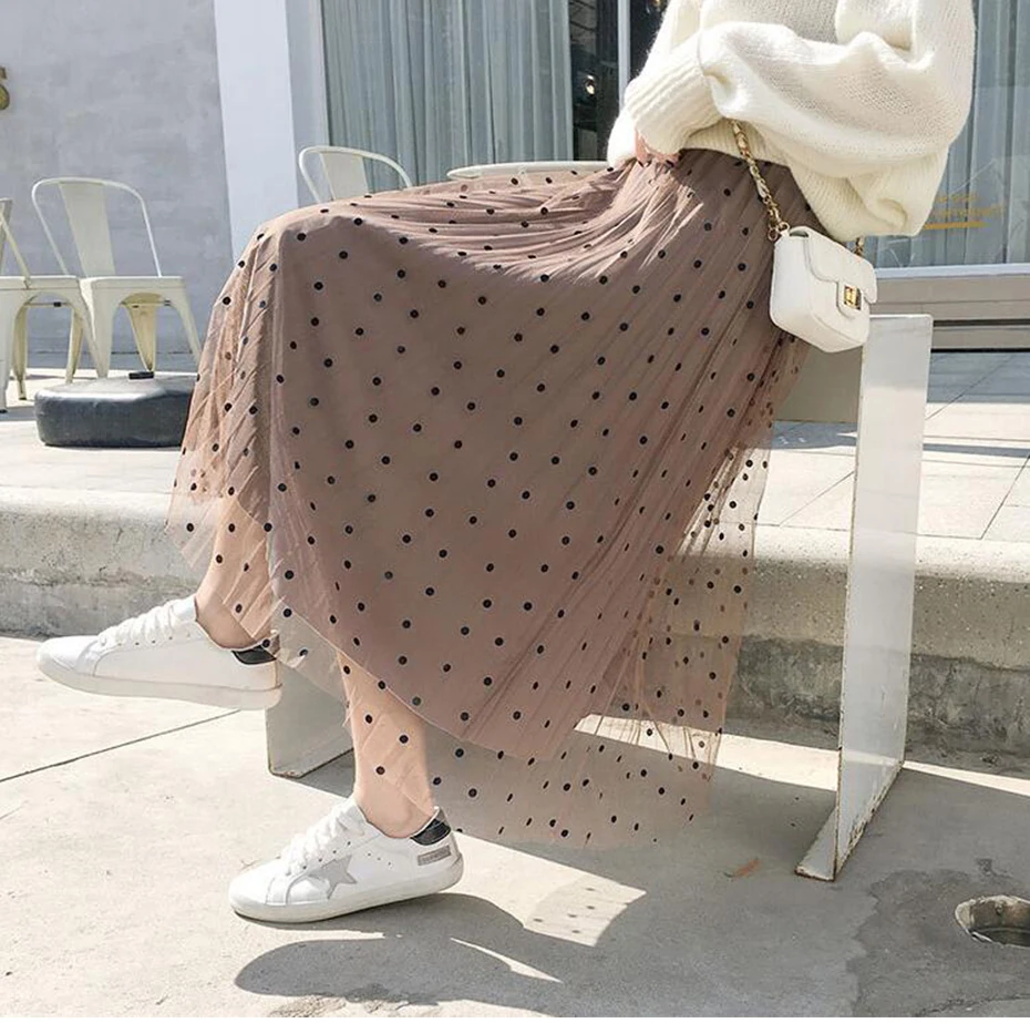 Элегантная двухсторонняя юбка в горошек Женская мода осень зима Корейская Высокая талия Женская плиссированная юбка длинная трапециевидная юбка
