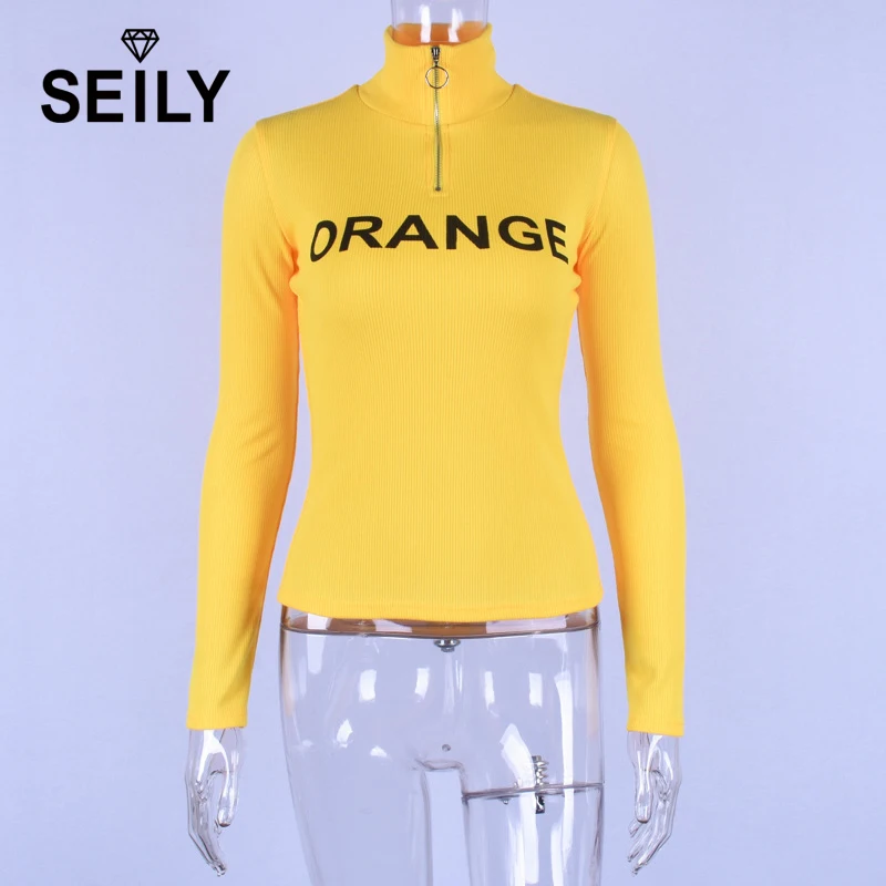 Seily Winter 2019 Letter Computer Knitted Yellow Turtleneck Sweater Women Zipper High Neck Long Sleeve Knitwear Pullover Sweter