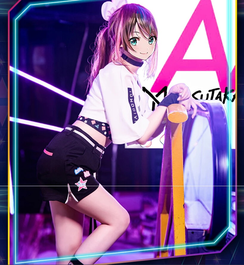 

2019 Virtual YouTuber ROLECOS Kizuna AI Cosplay Costume Stage Uniform Girl T-Shirt sun-top Shorts Bracelet Holloween