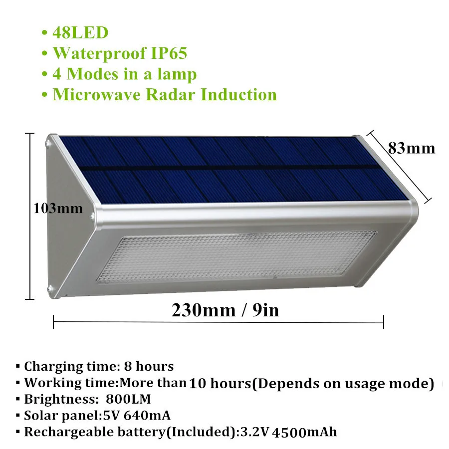 Outdoor Wall Light Security Solar Lamp With Motion Sensor Aluminum Alloy Street Porch Light lampada 48 LED 800LM Waterproof