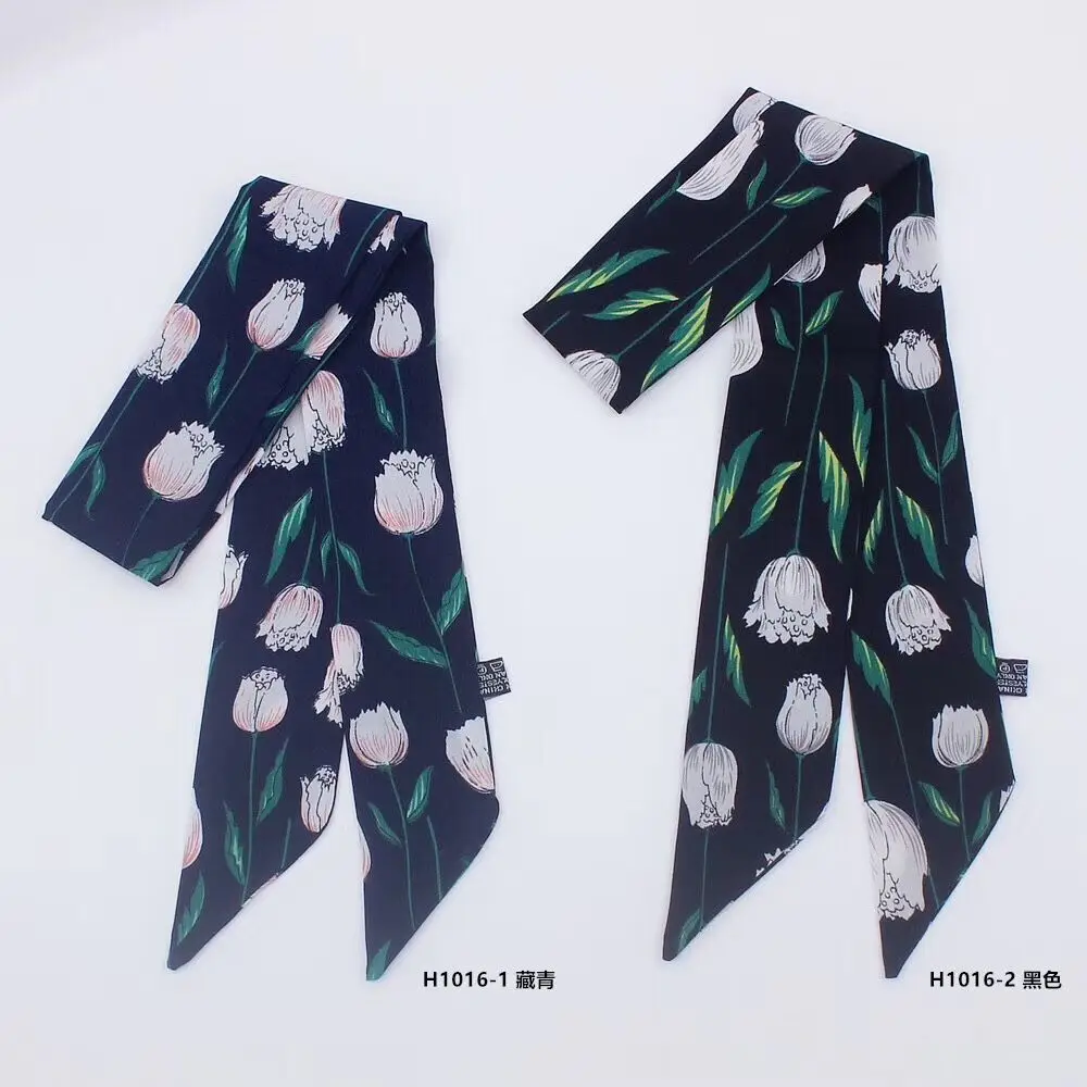 

2019 women scarf small size Long skinny neck hair scarves silk feeling fashion flower print Bag Ribbons head scarfs foulard