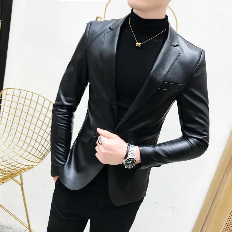 New Mens Leather Single button Formal Dress Suits Fashion Man Blazers Black Solid Motorcycle Coat Suede Jacket Male A236130