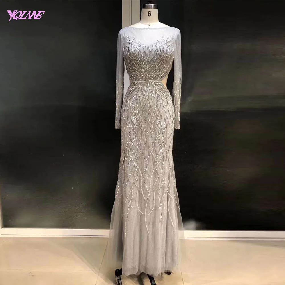 

YQLNNE Sexy Backless Long Sleeve Evening Dress Silver Beaded Mermaid robe de soiree Real Image