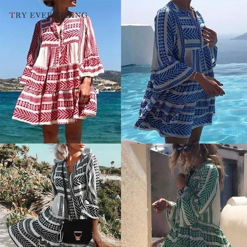 

Pink Boho Dress Women Summer 2019 Green Print Maxi Beach Dress Ruffles Ladies Three Quarter Cotton Casual Midi Dresses For Women