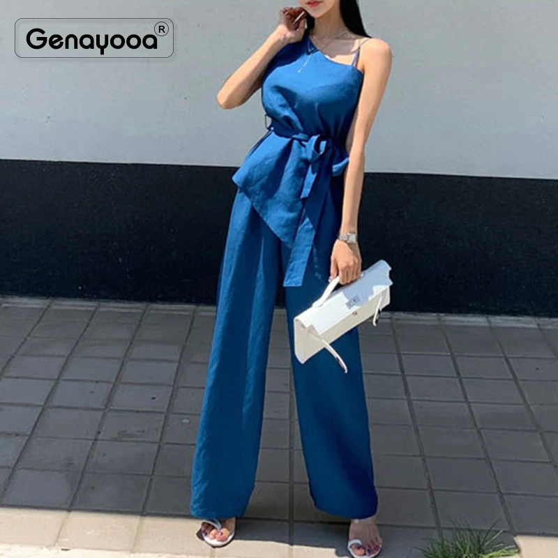 

Genayooa Cotton And Linen Two Piece Set Top And Pants Summer Two Piece Suit Irregular Top Women Two Piece Outfits Wide Leg Pants