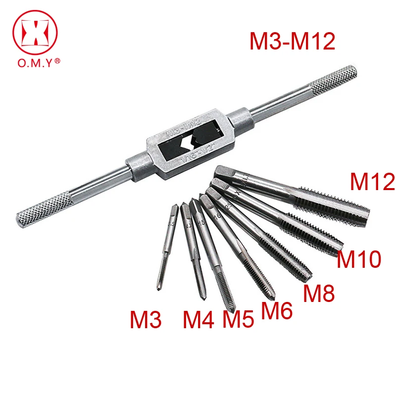 

OMY Free shipping New 8pcs 3F Hand Screw Thread Metric Plug Tap Set M3 M4 M5 M6 M8 M10 M12 with Adjustable Tap Wrench 1/16-1/2