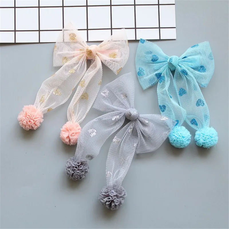 

10pcs/lot Boutique Sweet Gauze Pom Pom Hair Bow Hairpins Solid Bowknot Hair Clips Princess Headwear Fashion Hair Accessories