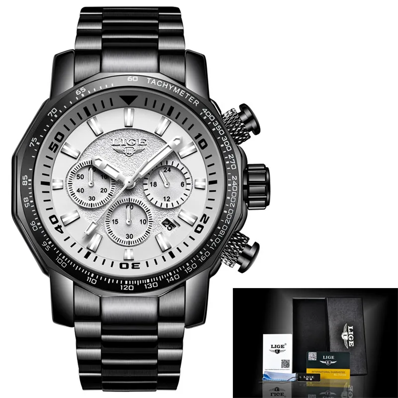 Relogio Masculino LIGE мужские часы Топ бренд Роскошные бизнес часы мужские спортивные часы из нержавеющей стали с большим циферблатом Хронограф - Цвет: Black white