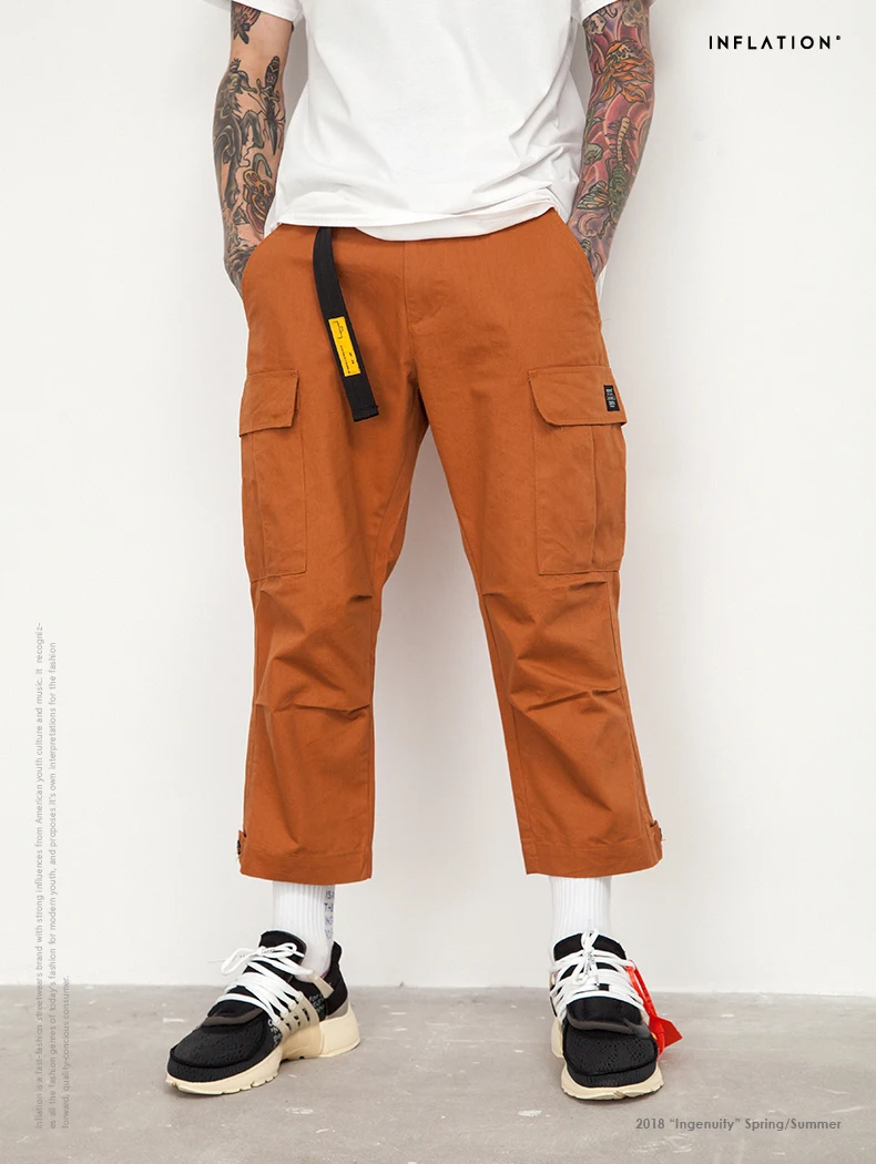 INFLATION Male Jogger Casual Plus Size Cotton Trousers Multi Pocket Military Style Army Green Orange Men's Cargo Pants 8403S 19