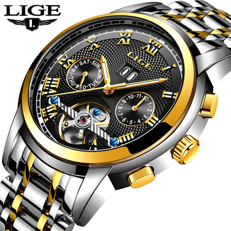 Relogio Masculino LIGE Mens Watches Top Brand Business Automatic Mechanical Watches Mens Stainless Steel Waterproof Sport Watch