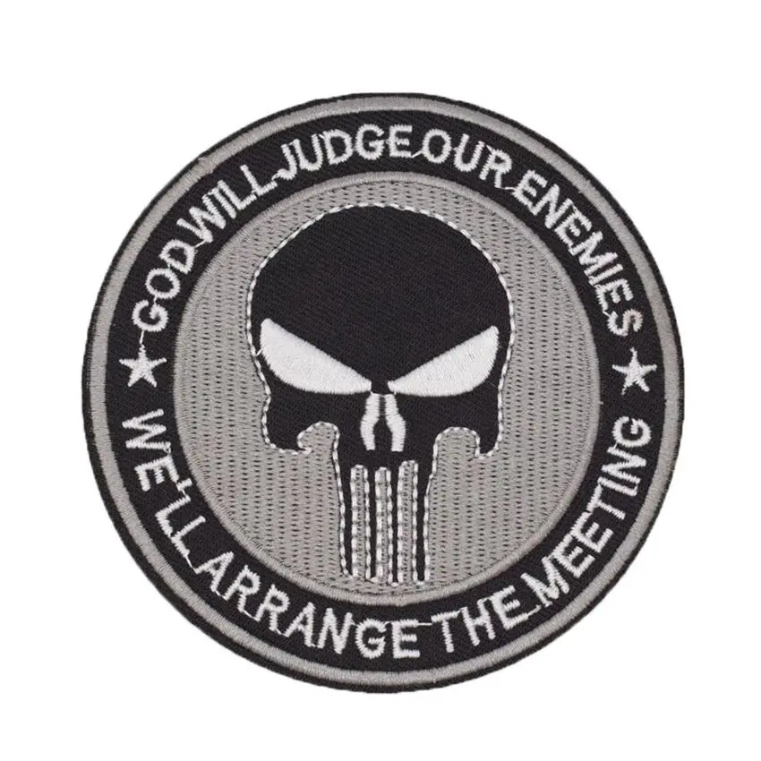 

2018 Real 1pcs Round Punisher Skull Gray Will Judge Our Enemies We Arrange Meeting Patch Military Embroidery Iron On Patches