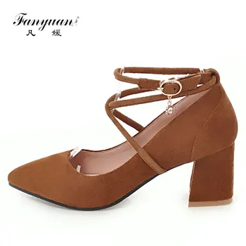 

2018 Spring Fanyuan New Fashion Black Ladies High Pumps Cross-tied Pointed Toe Women's high heels Crystal Buckle Sapatos Mulher