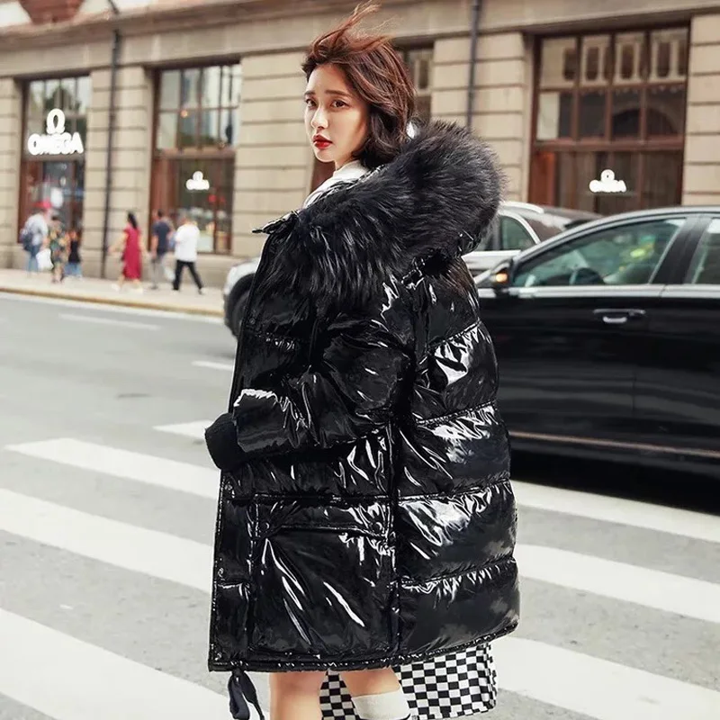 Ceny Prawdziwe futro naturalne 2019 lakierowana kurtka zimowa kobiety ciepły, długi płaszcz parka puchowa z kapturem kobiet płaszcz z kaczego puchu wodoodporna kurtka