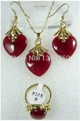 

FREE SHIPPING>>@> Miss charm Jew.166 Nice Red jade Necklace Earrings Ring Set Natural jewelry
